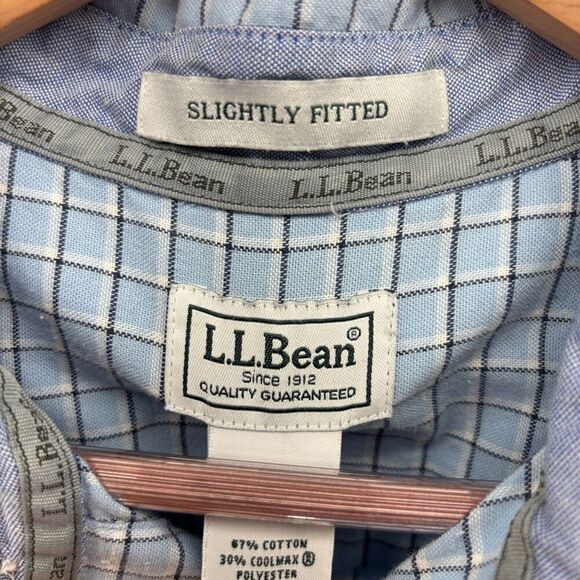 LL Bean Button Shirt Mens Large Tall Blue Plaid Slightly Fitted M Coolmax EUC - Picture 4 of 6